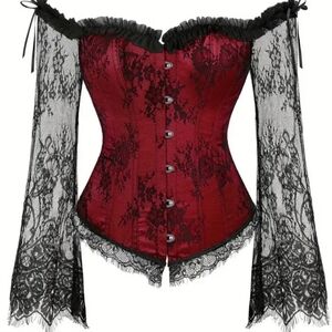 Women's Red Lace Corset Top with Black Lace Sleeves
